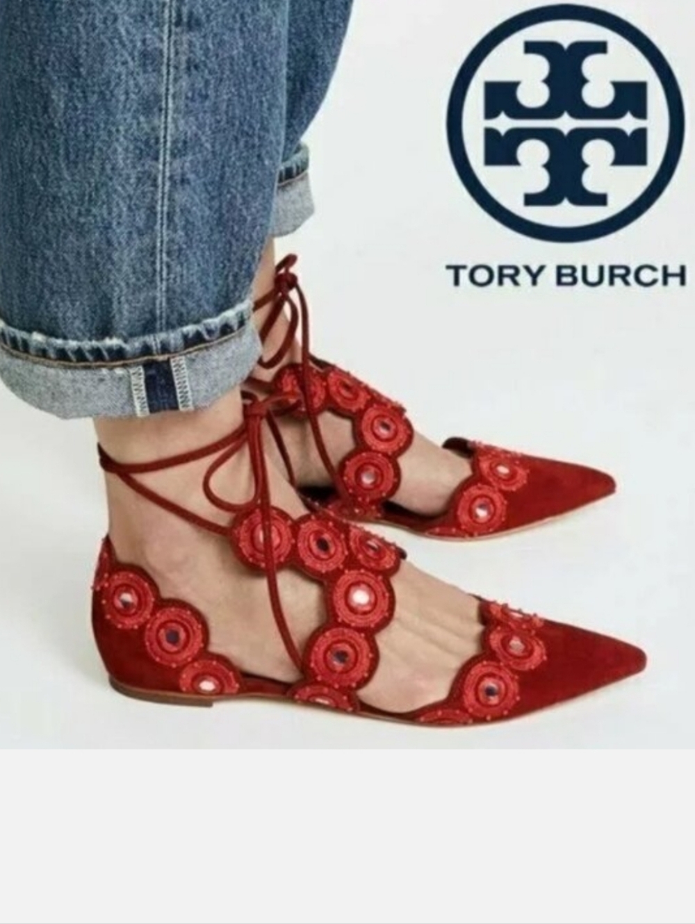 Tory Burch Red Suede Embellished Pointed Flats